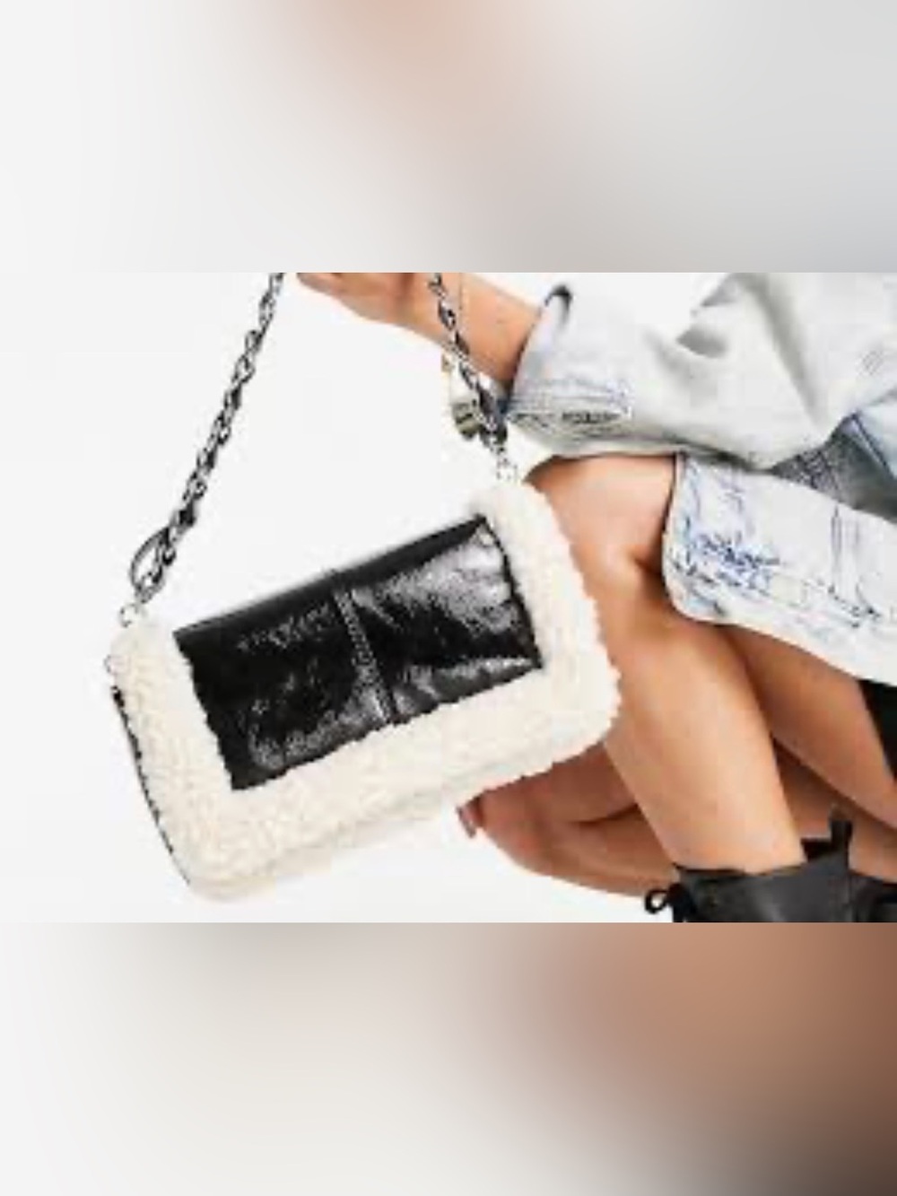 Topshop Black Shearling-Trim Chain Shoulder Bag